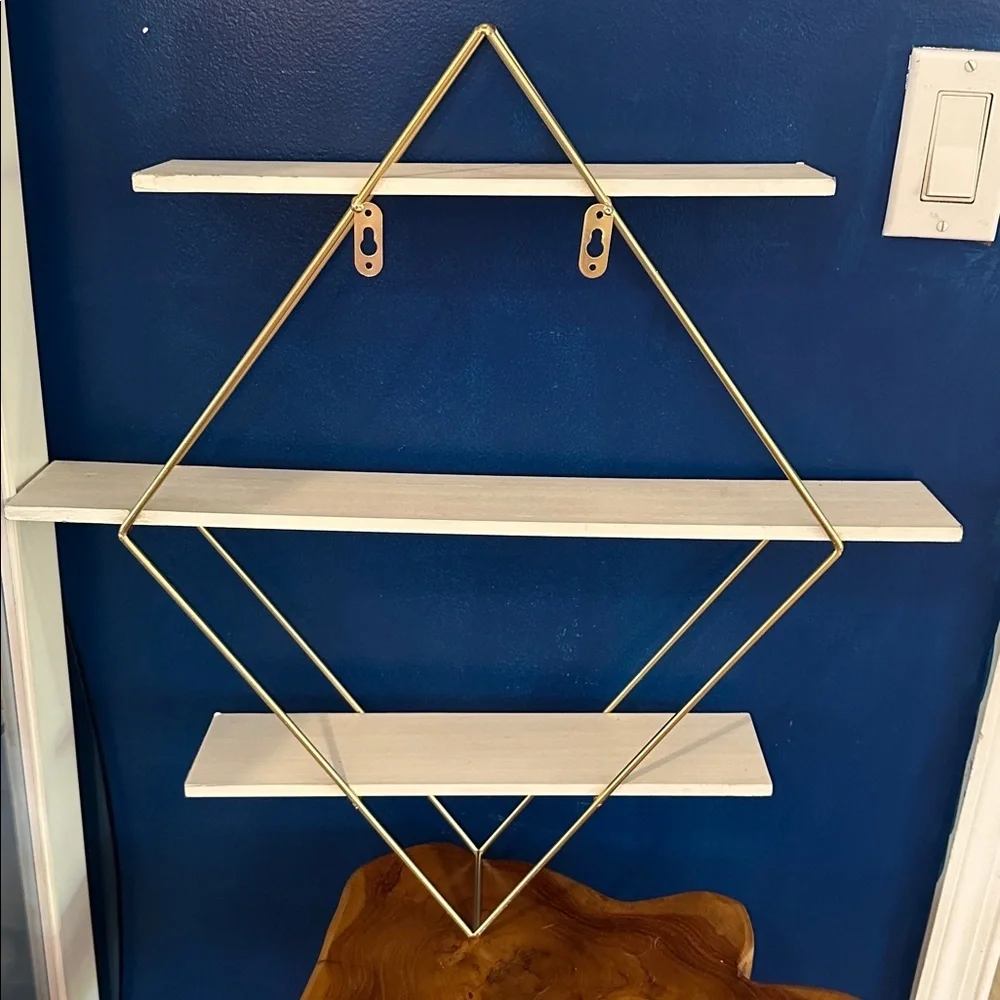 Diamond Shaped Wall-Mounted Shelf with Gold Frame & Wood Panels